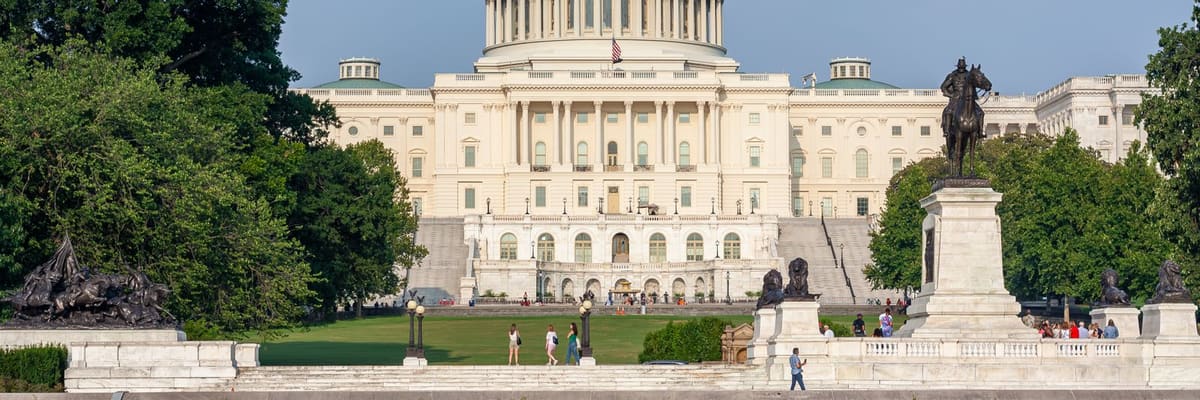 The United States Capitol in Washington, D.C., among green trees under a blue sky