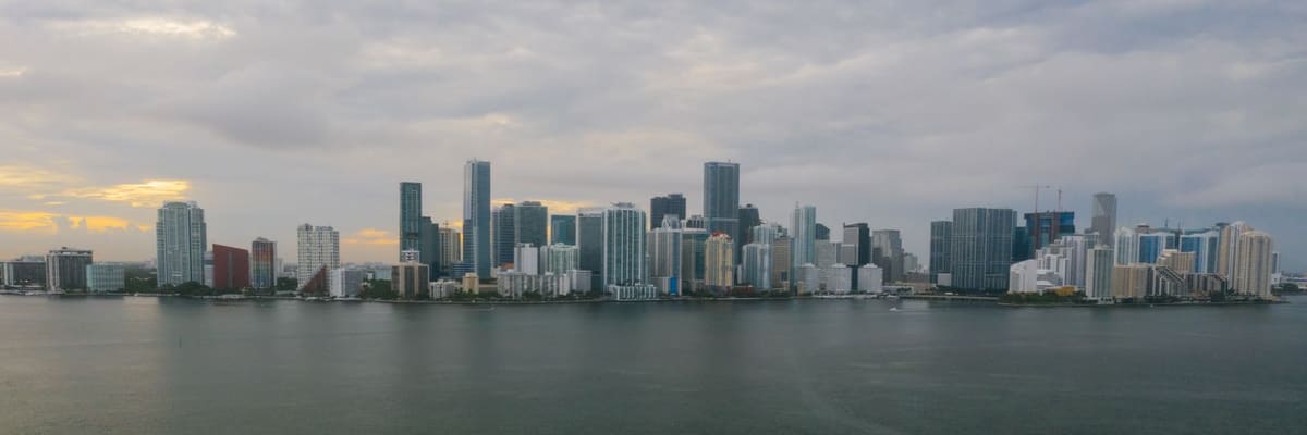 Aerial view of the Miami, Florida skyline beside the water