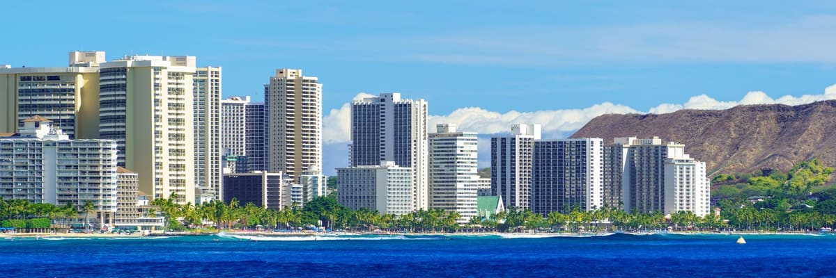 The Honolulu, Hawaii skyline with Diamond Head crater and the ocean beyond