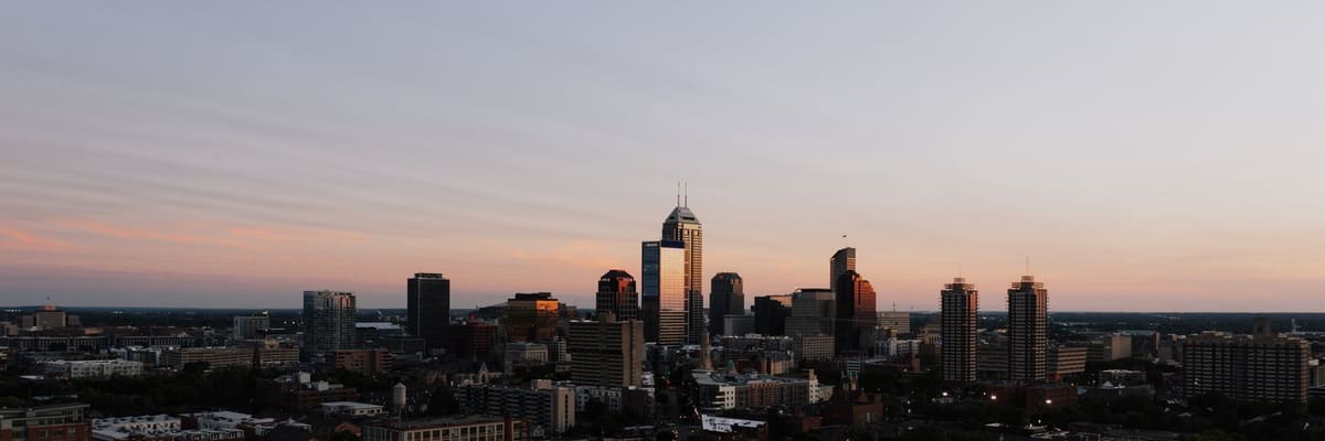 Aerial view of the Indianapolis, Indiana skyline at sunset