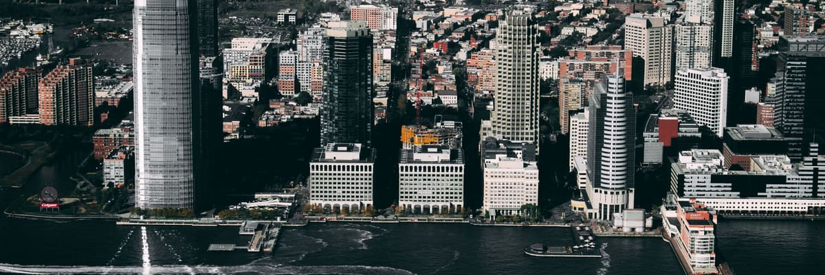 Aerial view of the Jersey City, New Jersey skyline along the Hudson River