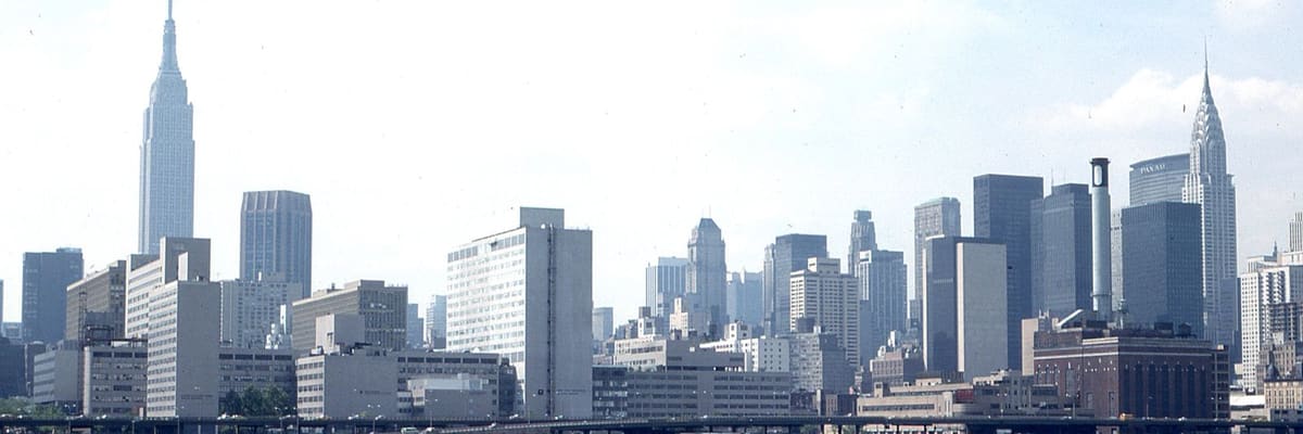 The New York City skyline with skyscrapers along the waterfront