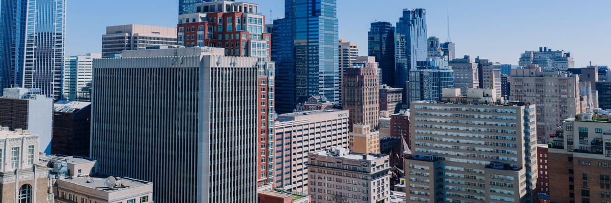 Aerial view of the Philadelphia, Pennsylvania skyline on a clear day