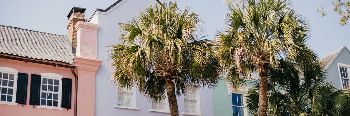 Pastel-colored houses and palm trees on a sunny street in Charleston, South Carolina