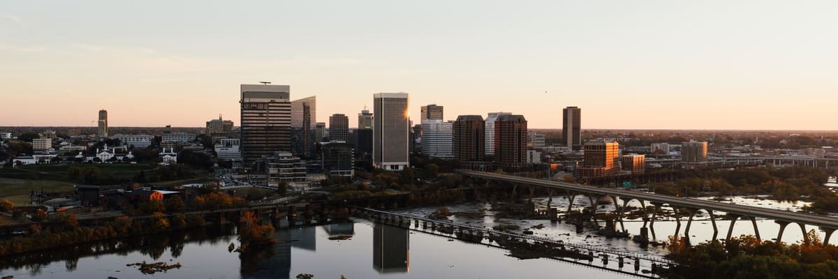 Aerial view of the Richmond, Virginia skyline and the James River at sunset
