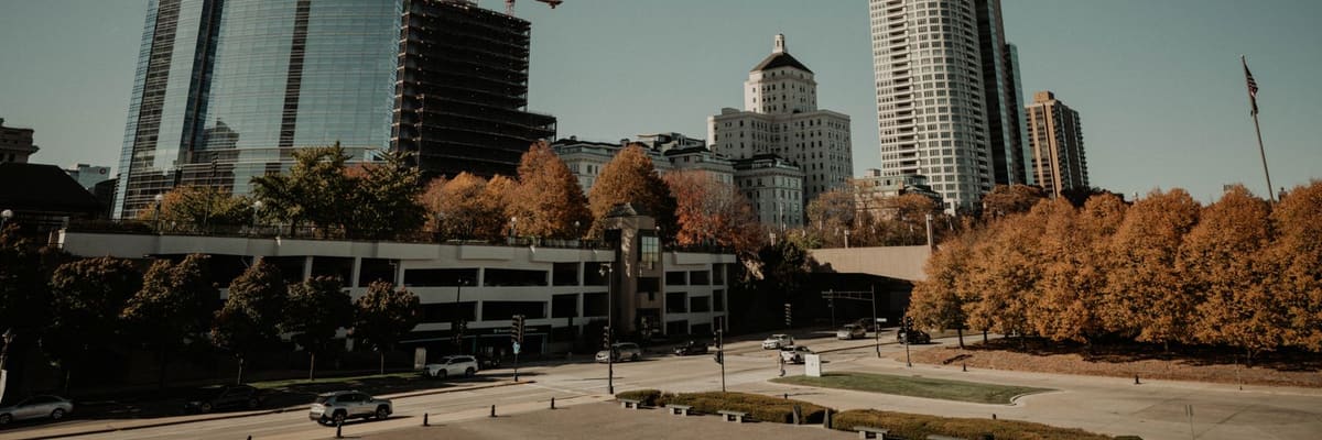 The Milwaukee, Wisconsin skyline with modern skyscrapers and fall foliage