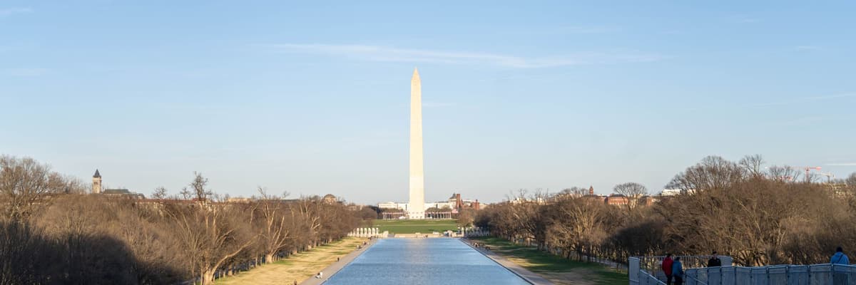 The Washington Monument standing at the end of the Reflecting Pool, framed by bare trees on the National Mall in Washington, DC. The photograph opens the ranking of PsyD programs in District of Columbia.