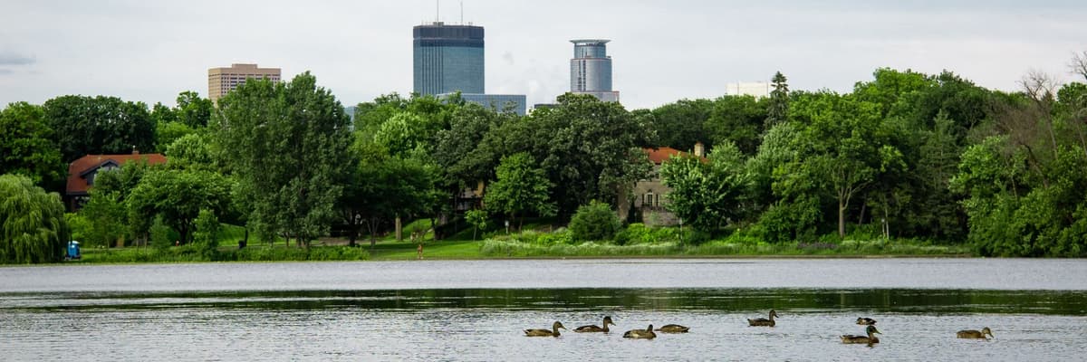 Two Minneapolis, Minnesota towers rising above green trees on the far shore of a city lake, with ducks on the water. The photograph opens the ranking of PsyD programs in Minnesota.